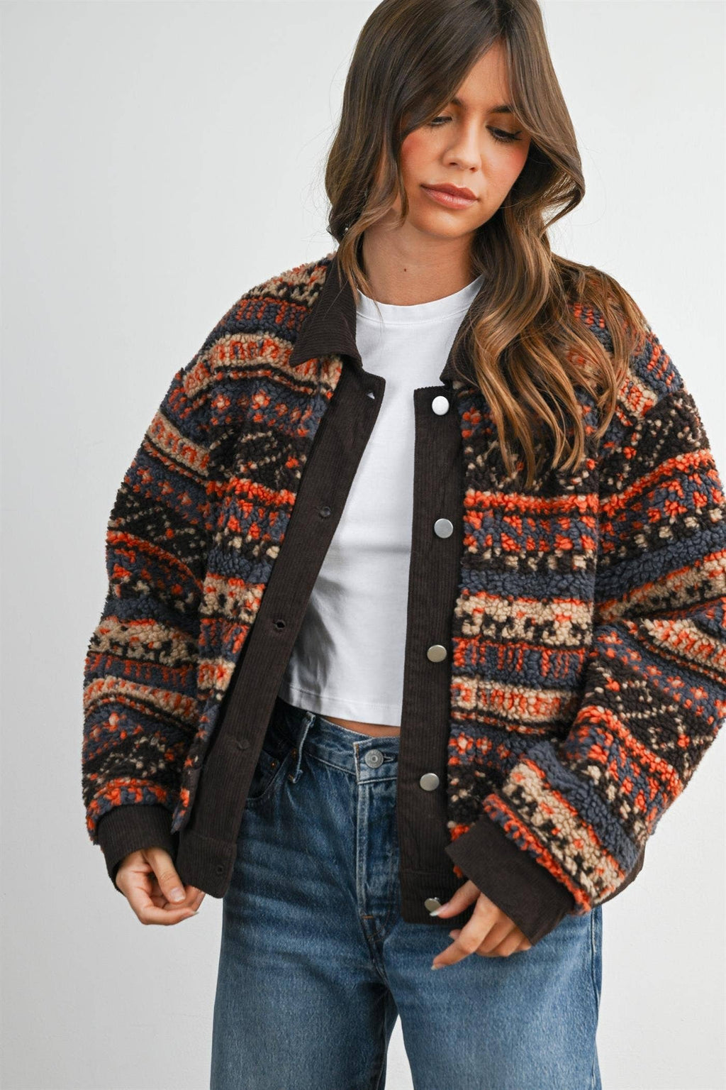 Geometric Sherpa Fleece Jacket with Corduroy Trim-BMJ8152