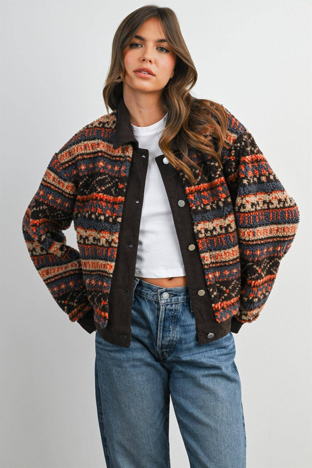 Geometric Sherpa Fleece Jacket with Corduroy Trim-BMJ8152