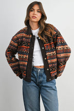 Geometric Sherpa Fleece Jacket with Corduroy Trim-BMJ8152