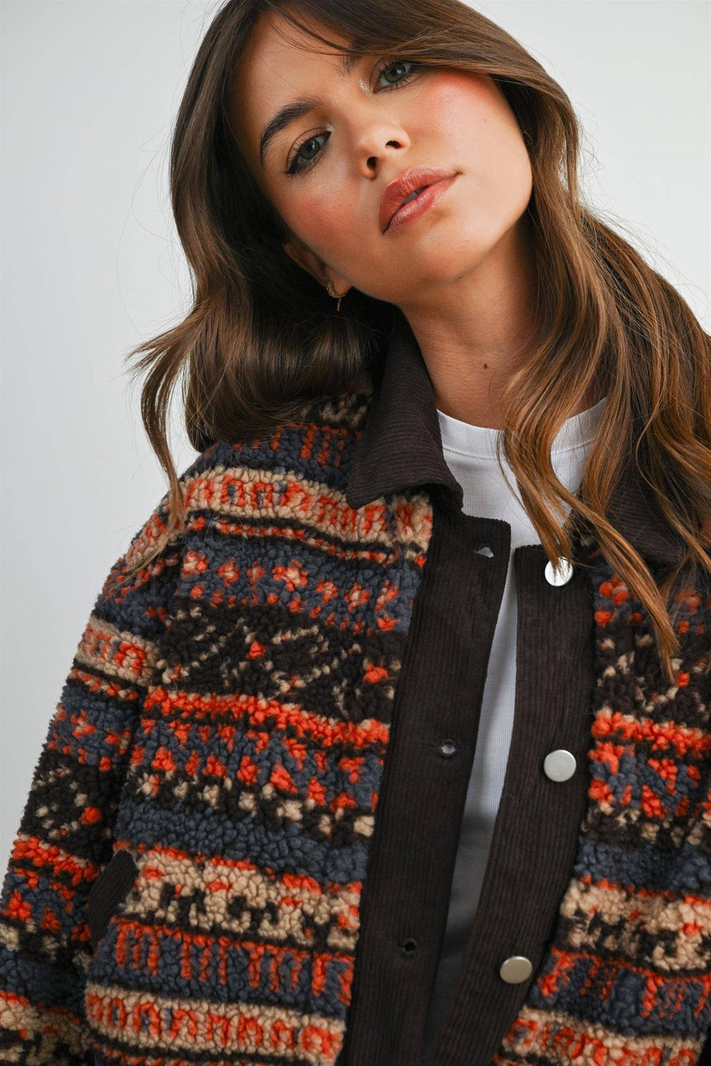 Geometric Sherpa Fleece Jacket with Corduroy Trim-BMJ8152