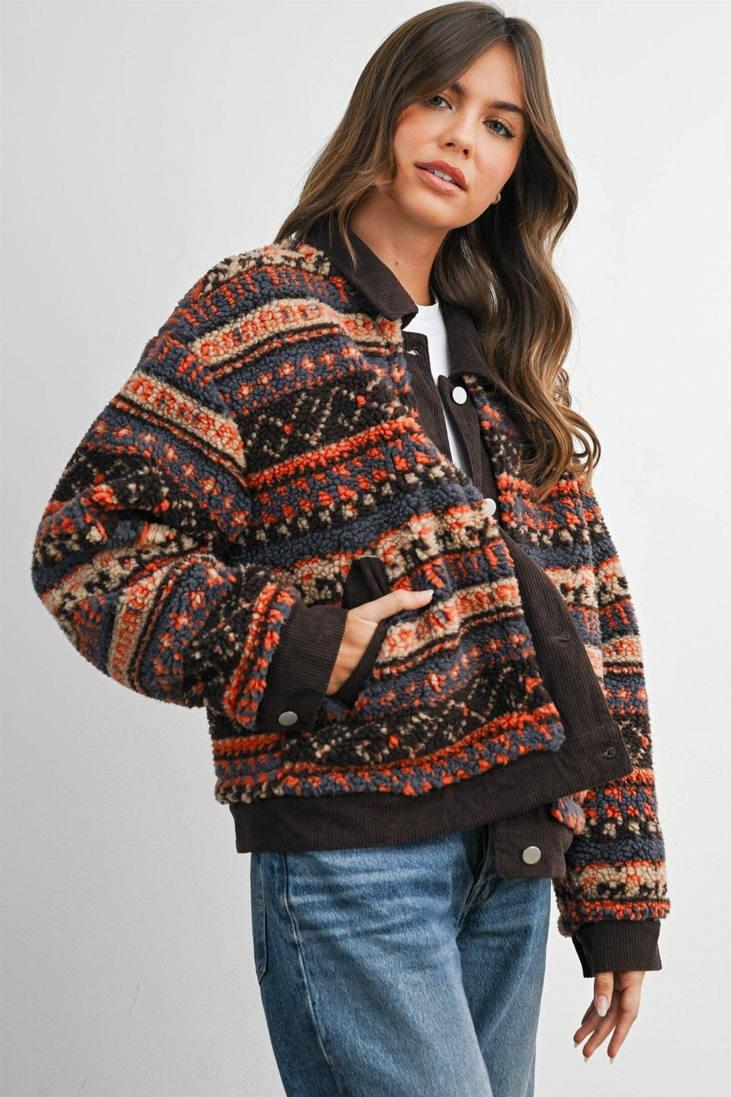 Geometric Sherpa Fleece Jacket with Corduroy Trim-BMJ8152