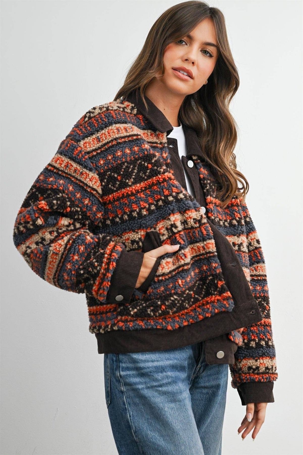 Geometric Sherpa Fleece Jacket with Corduroy Trim-BMJ8152