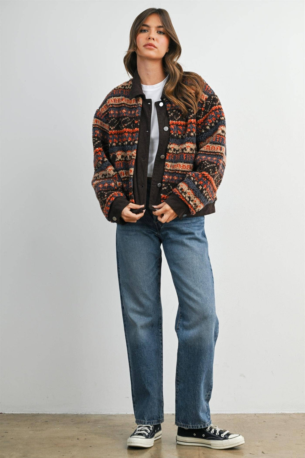 Geometric Sherpa Fleece Jacket with Corduroy Trim-BMJ8152