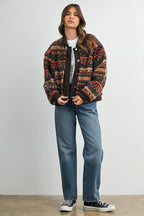 Geometric Sherpa Fleece Jacket with Corduroy Trim-BMJ8152