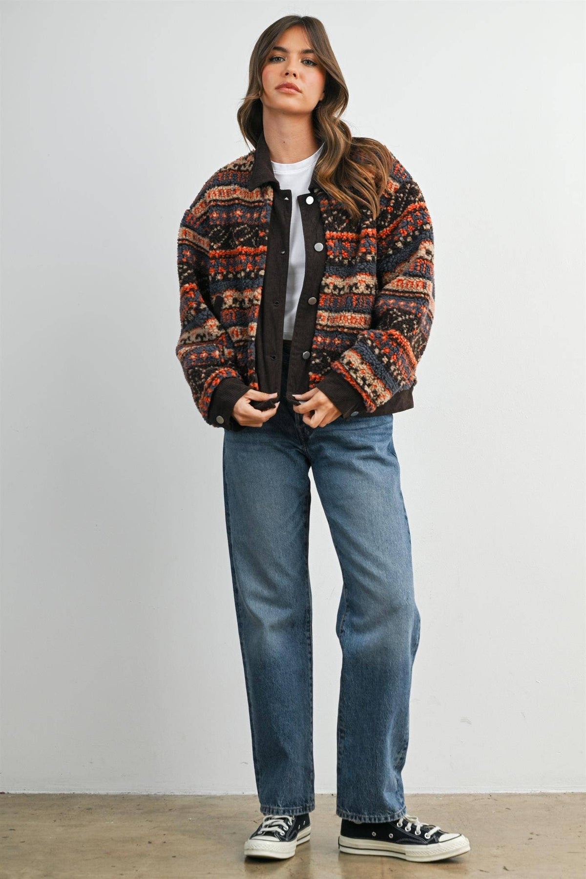 Geometric Sherpa Fleece Jacket with Corduroy Trim-BMJ8152