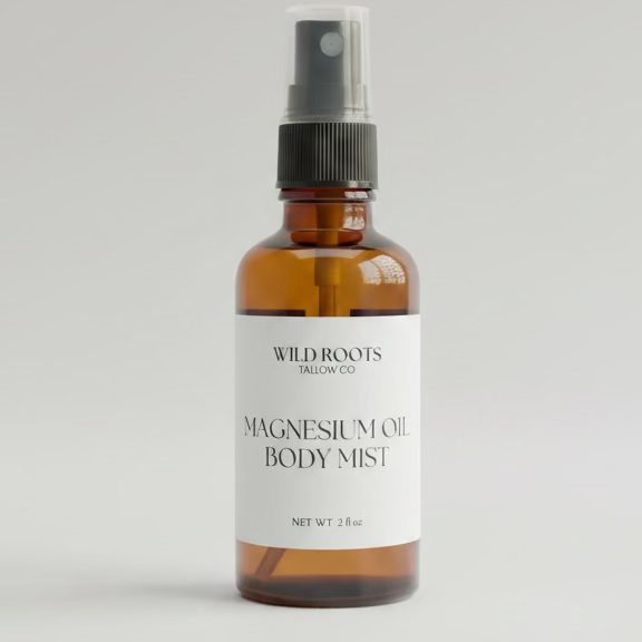 Bottle of Wild Roots Magnesium Oil Body Mist on a countertop with boxes and a plant in the background.