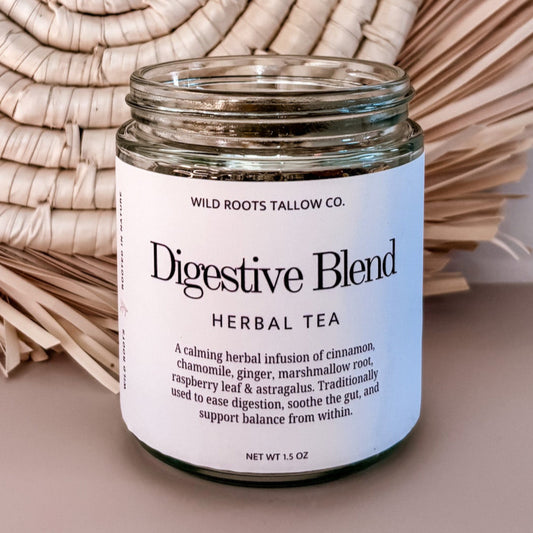 Jar of 'Digestive Blend' herbal tea with a decorative woven item in the background