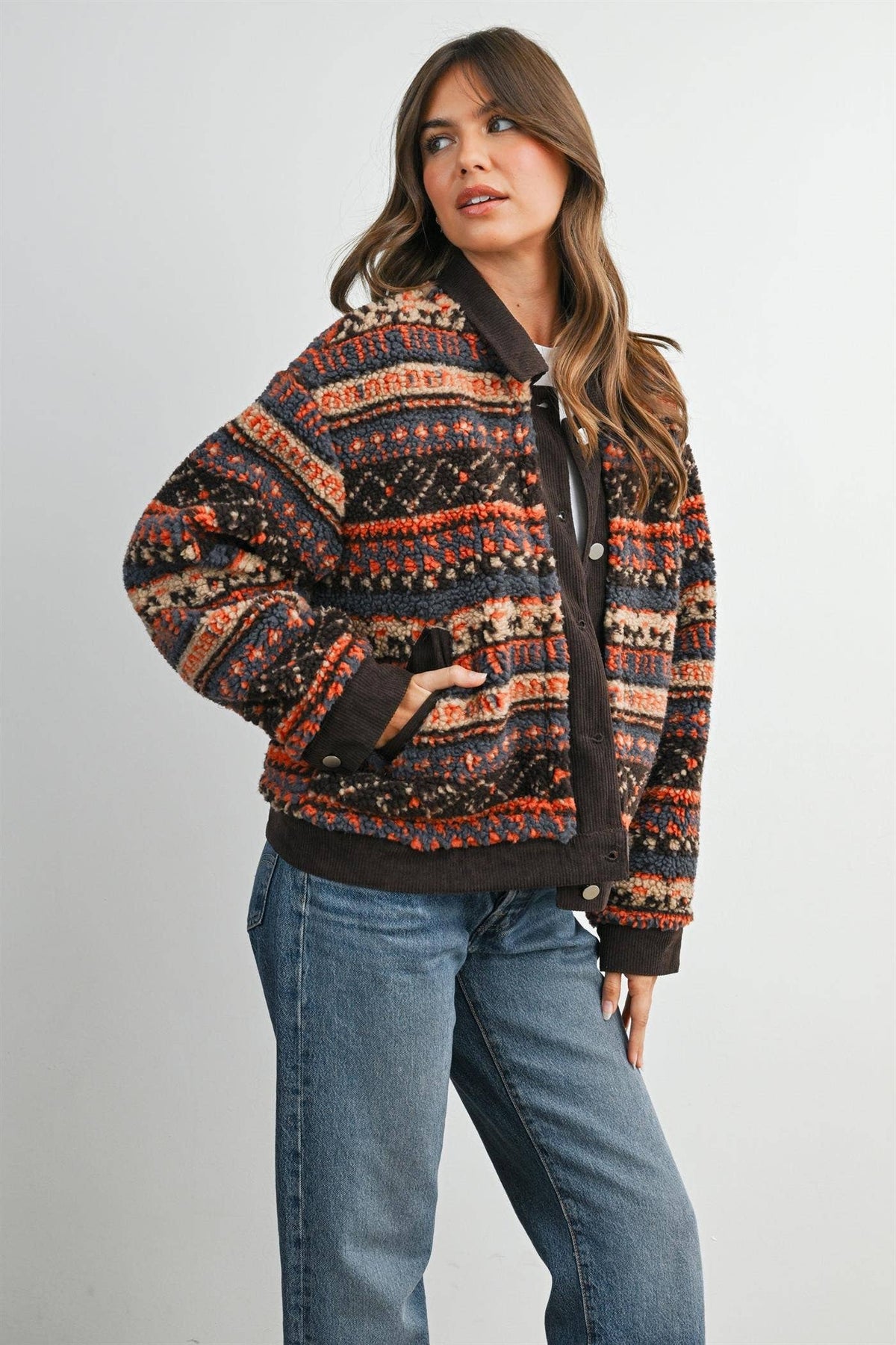Geometric Sherpa Fleece Jacket with Corduroy Trim-BMJ8152