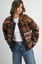 Geometric Sherpa Fleece Jacket with Corduroy Trim-BMJ8152