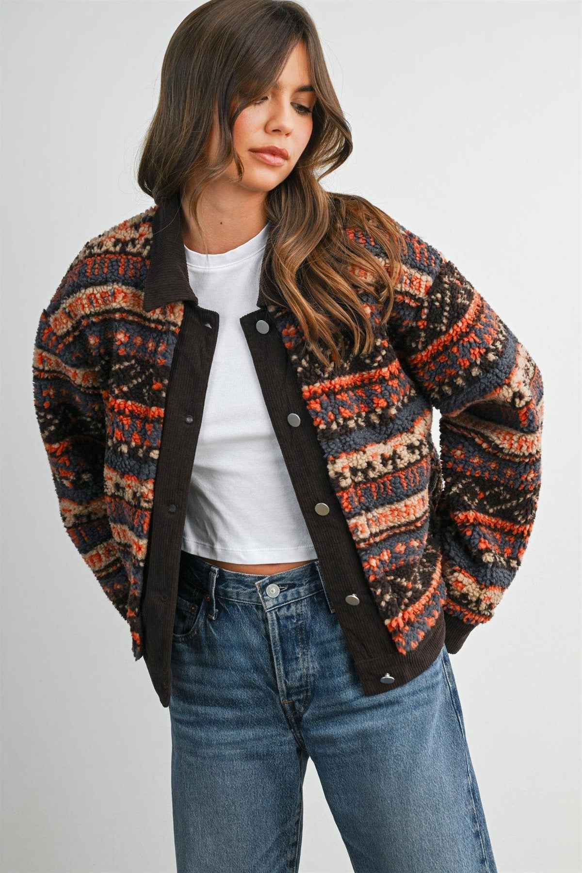 Geometric Sherpa Fleece Jacket with Corduroy Trim-BMJ8152