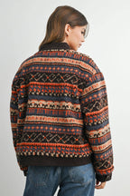 Geometric Sherpa Fleece Jacket with Corduroy Trim-BMJ8152