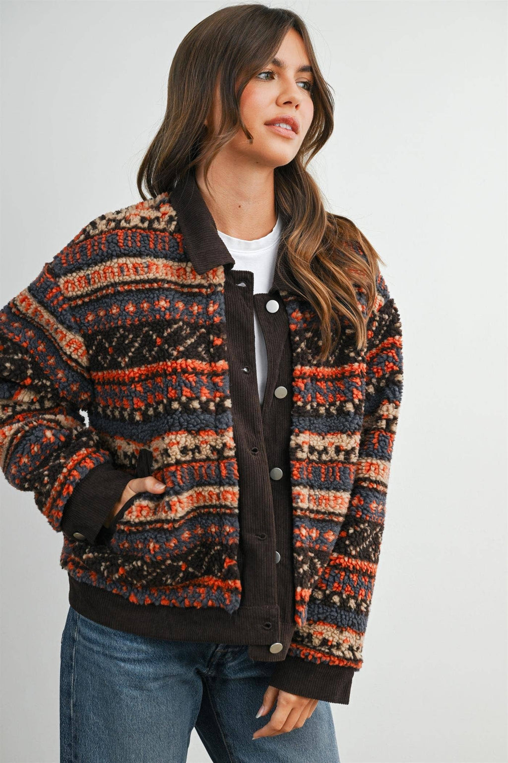 Geometric Sherpa Fleece Jacket with Corduroy Trim-BMJ8152