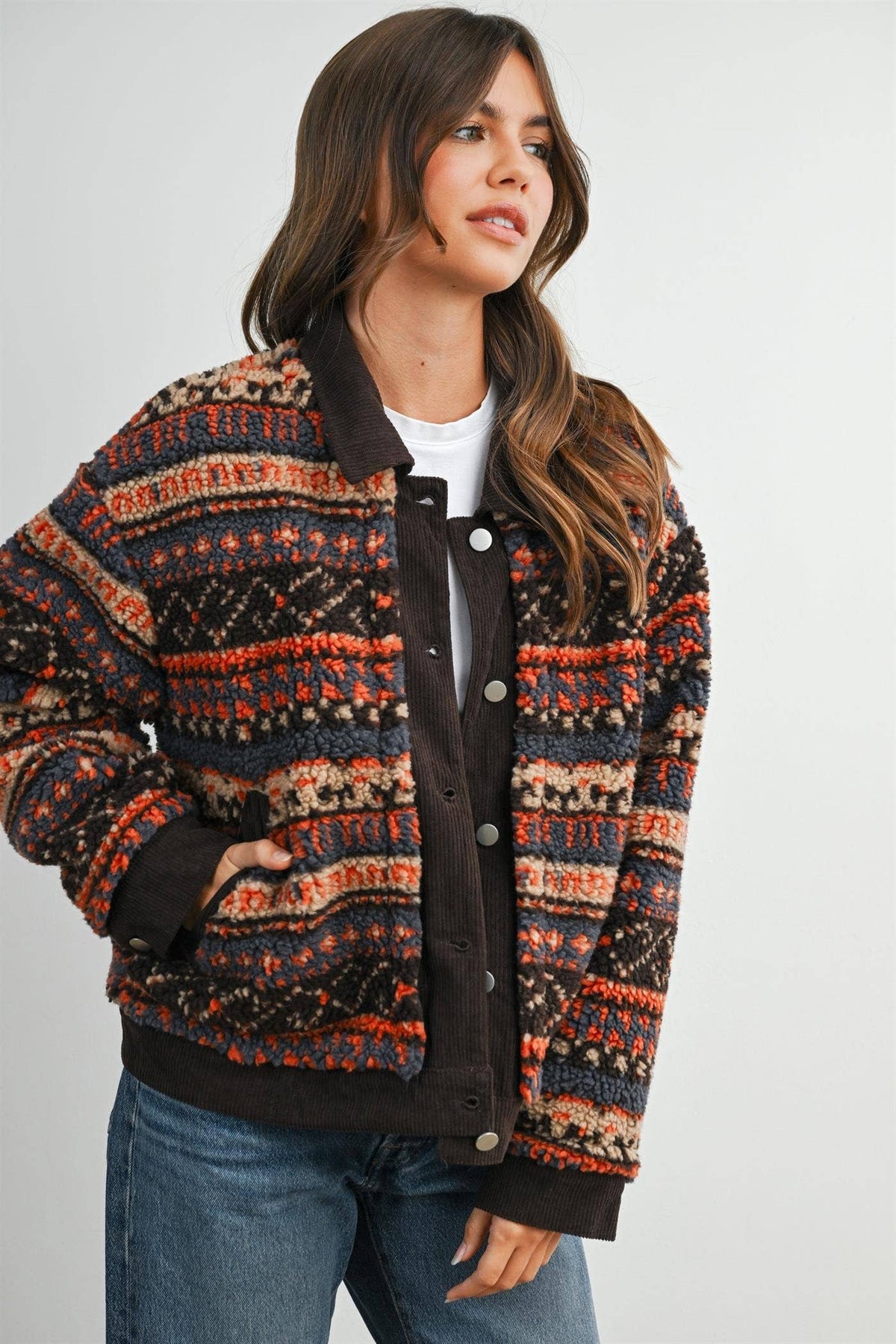 Geometric Sherpa Fleece Jacket with Corduroy Trim-BMJ8152