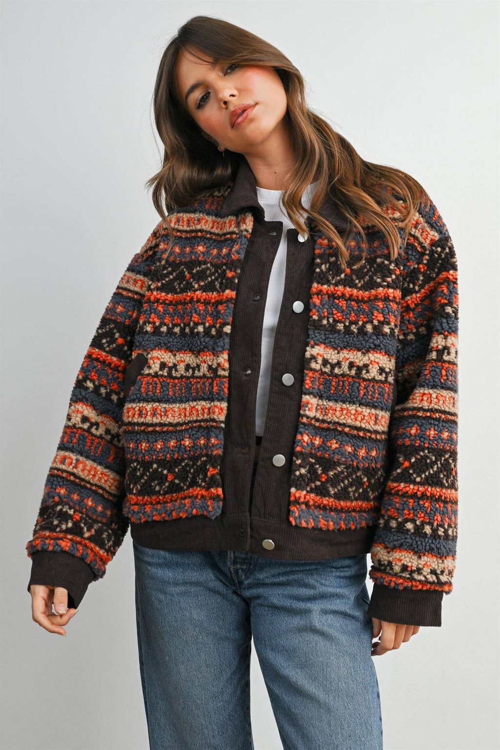Geometric Sherpa Fleece Jacket with Corduroy Trim-BMJ8152