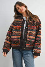 Geometric Sherpa Fleece Jacket with Corduroy Trim-BMJ8152