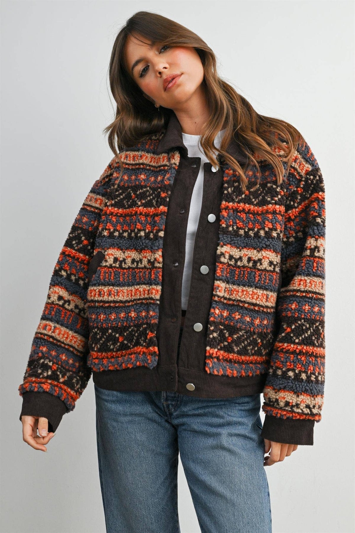 Geometric Sherpa Fleece Jacket with Corduroy Trim-BMJ8152