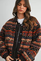Geometric Sherpa Fleece Jacket with Corduroy Trim-BMJ8152
